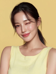 Korean AI Beauty Model on Yellow Background, Cosmetic Portrait of Korean Woman in Yellow, Korean Female Skincare Stock Photo, Yellow Backdrop Beauty Shot of Asian AI Model, K-Beauty AI Model in Yellow