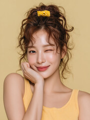 Korean AI Beauty Model on Yellow Background, Cosmetic Portrait of Korean Woman in Yellow, Korean Female Skincare Stock Photo, Yellow Backdrop Beauty Shot of Asian AI Model, K-Beauty AI Model in Yellow