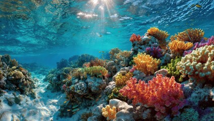 Fototapeta premium Underwater Coral Reef With Sunlight Filtering Through the Water, Showcasing Marine Conservation and Ocean Exploration : Generative AI