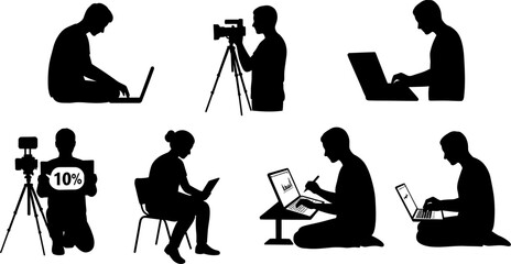 Silhouette people working from home using laptop tablet camera tripod ten percent for online business editable stock vector illustration