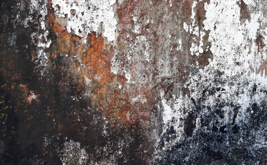 Closeup of a weathered wall with peeling paint and a rough surface Grunge wall texture background