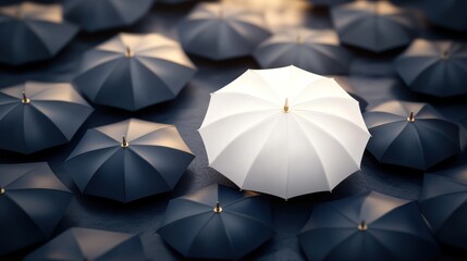 Single white umbrella amidst many black ones (1)