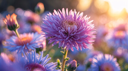 Soft natural lighting highlights macro purple aster blossoms in garden floral scene aesthetic floral photography for wallpaper background