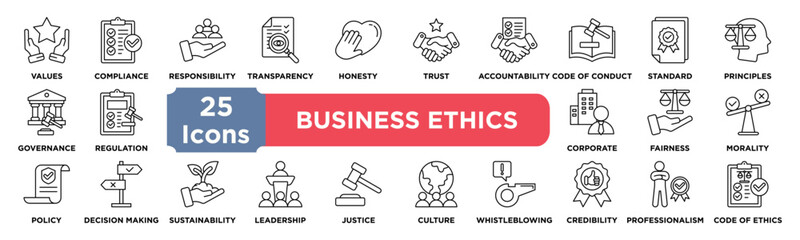 Business Ethics icon collection set. Containing values,compliance,responsibility,transparency,honesty,trust,accountability,conduct,standards,principles icon. Simple line vector.
