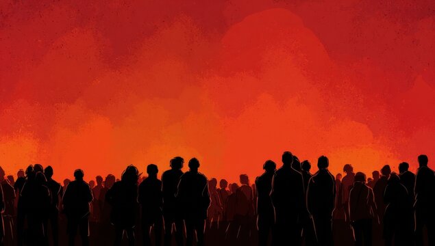 Silhouetted Crowd Against Red Sky, Representing Social Commentary and Collective Identity, Suitable for Political Campaigns and Social Awareness Initiatives : Generative AI