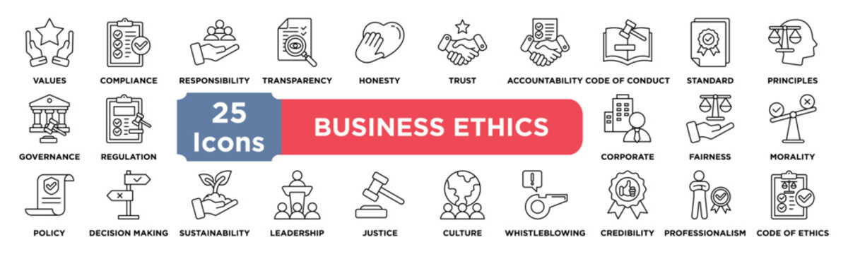 Business Ethics icon collection set. Containing values,compliance,responsibility,transparency,honesty,trust,accountability,conduct,standards,principles icon. Simple line vector.