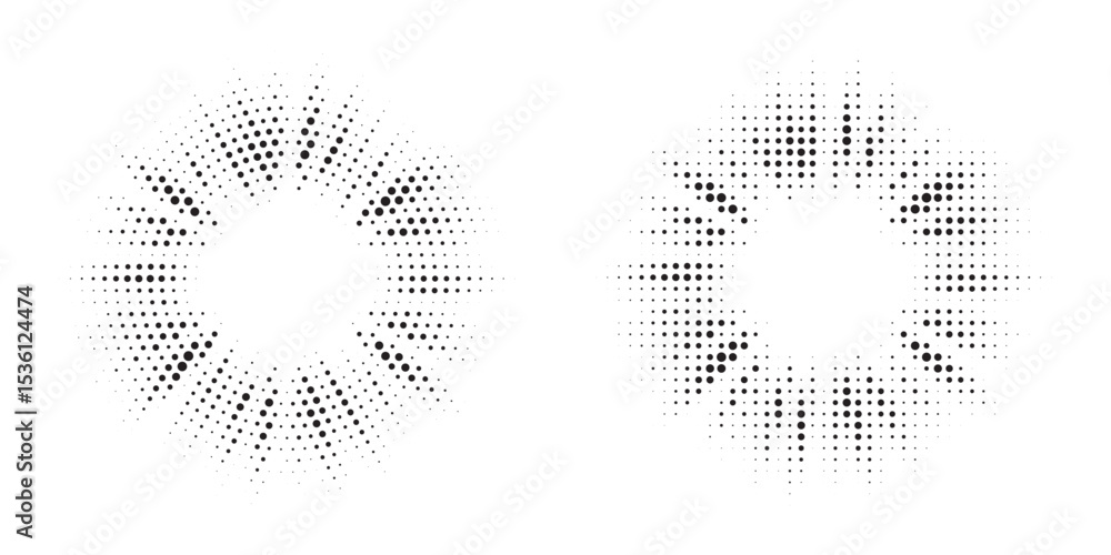 Poster Halftone circle frame background set. Round border Icon using halftone random circle. Grunge circular stain. Vector illustration.	