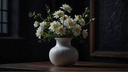 flower vase with white flowers in dark background 