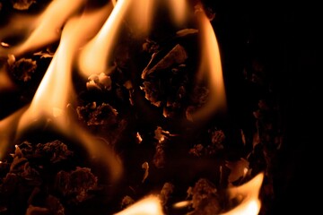 Close-up image of bright orange flames against a backdrop of black ash and burnt debris. A strong visual composition depicting the power, energy, and beauty of nature in the form of the fire element. 