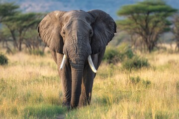 Obraz premium Elephant Walking Through Tall Grass in African Savannah, Showcasing Wildlife Conservation and Ecotourism : Generative AI