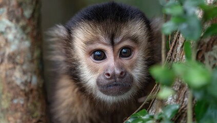 Obraz premium Capuchin Monkey Portrait in Lush Greenery, Showcasing Wildlife Conservation and Endangered Species Awareness : Generative AI