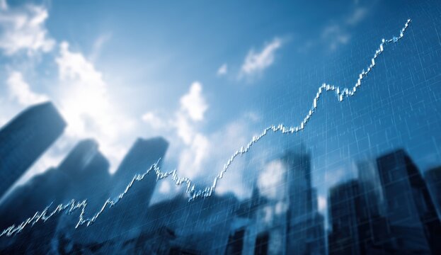 Financial Chart Rising Over City Skyline in Blue, Representing Investment Growth and Market Analysis for Business Success : Generative AI