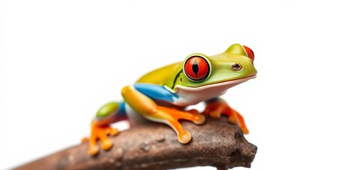 Obraz premium Vibrant red-eyed tree frog perched on white background, showcasing vivid colors and textures, animal, wild