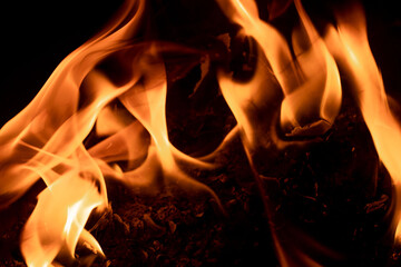 Close-up image of bright orange flames against a backdrop of black ash and burnt debris. A strong visual composition depicting the power, energy, and beauty of nature in the form of the fire element. 