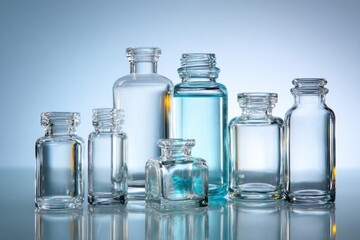 Collection of Glass Bottles with Liquid on Reflective Surface, Ideal for Pharmaceutical Research and Medical Product Development : Generative AI