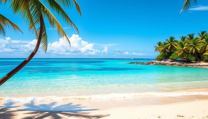 Vibrant tropical beach scene with turquoise water and golden sand, calm, jpeg
