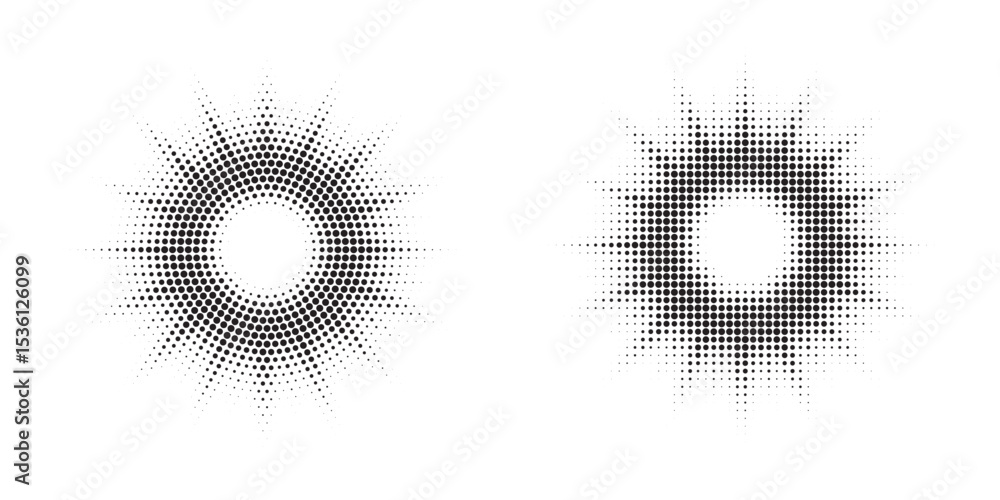 Poster Halftone circle frame background set. Round border Icon using halftone random circle. Grunge circular stain. Vector illustration.	
