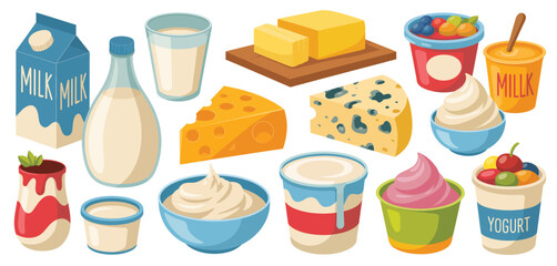 Dairy Products Collection Cartoon Illustration