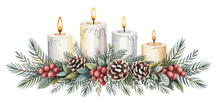 Watercolor Christmas Candles with Pine Cones and Berries