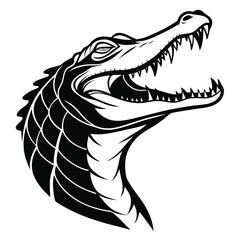 Detailed black and white depicts an open mouthed alligator head showing sharp teeth