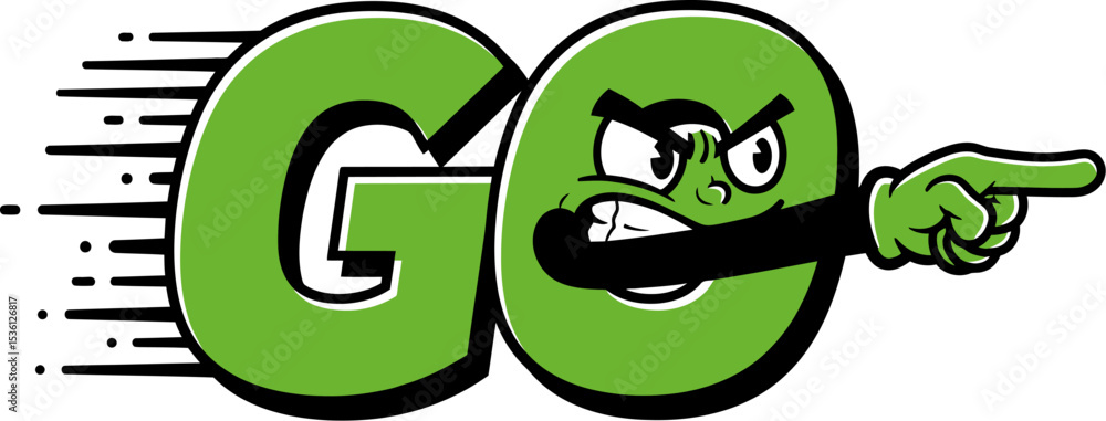 Poster go vector illustration cartoon character design concept with motion lines and pointing finger art ed