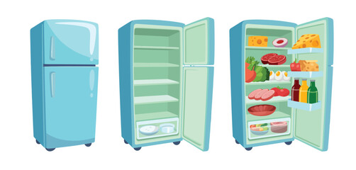 Three Illustrations of a Light Blue Refrigerator
