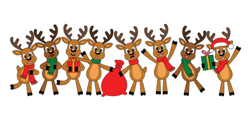 Eight Cute Cartoon Reindeer with Gifts and Santa Bag