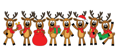 Eight Cute Cartoon Reindeer with Christmas Gifts