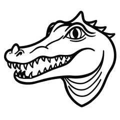Black and white outline drawing portrays an alligator head with jagged teeth showing