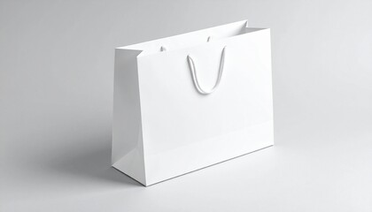 Realistic white paper shopping bag mockup with rope handles, isolated on a gray background. Ideal for branding, packaging design, or commercial use.