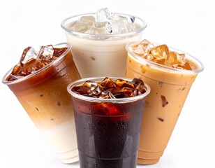 Assorted iced coffee drinks in clear cups, isolated on white. Ideal product mockup for cafes, menus, or beverage ads, showcasing refreshing cold brews & lattes.