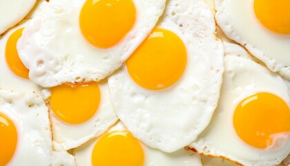 Close-up of many perfect sunny-side up eggs. A vibrant, appetizing pattern. Celebrate World Egg Day or delicious breakfast themes.