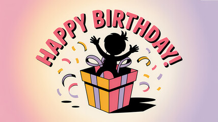 Playful Shadow Figure Leaping from Gift Box with “Happy Birthday!” Text – Whimsical Greeting Card Design with Confetti and Gradient Background