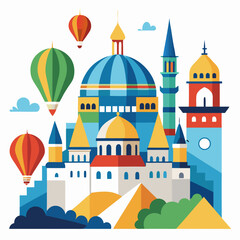 Fototapeta premium Colorful Cityscape with Hot Air Balloons and Domes