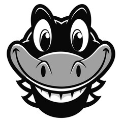 Cartoonish alligator smiles widely showing white teeth and gray skin in this black and white design