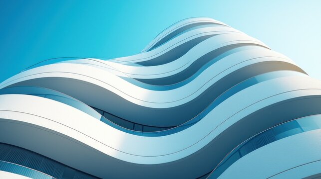 Modern architectural building with wavy facade against a clear blue sky