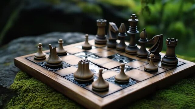A chess set with wooden pieces arranged on a board outdoors with a blurred green background visible behind it