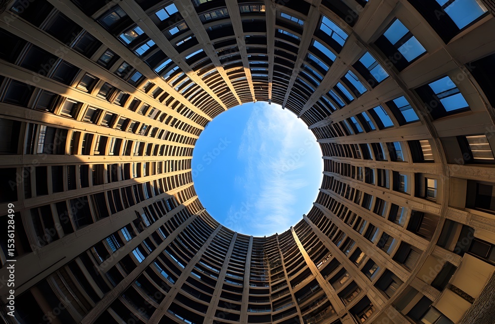 Poster circular architectural view of a multi-story building with a clear sky at the center