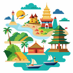 Tropical Island Scene with Asian Temples Boats and Lighthouse