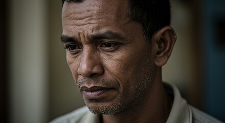 Fototapeta premium A Portrait of Contemplation: A man's pensive expression, captured in a close-up shot, reveals a depth of emotion and life experience.