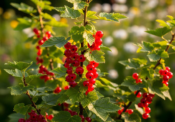 Red currant berries grow on a bush in the sunny garden.