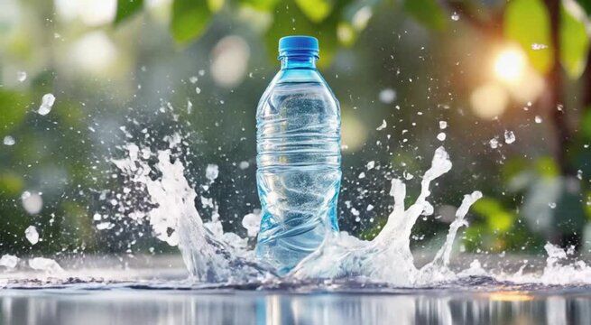Refreshing clear water bottle with dynamic splash and natural background elements