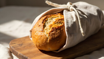 Freshly baked artisan bread wrapped in a reusable cloth bag on wooden board