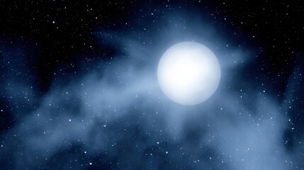Vast cosmic scene with a bright white sphere surrounded by a wispy blue nebula, countless stars scattered across a deep dark blue expanse, evoking the infinite and serene beauty of the universe.