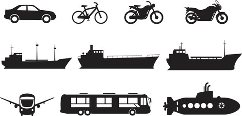Transportation vehicle icons set car bicycle motorcycle ship plane bus submarine silhouette vector design editable stock vector illustration