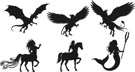 Vector set of black silhouette heraldic animal symbols including horse, bird, lion, dragon, griffin, eagle, pegasus, and unicorn illustrations for logo and tattoo design