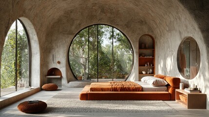 Modern bedroom with earthy tones and large windows