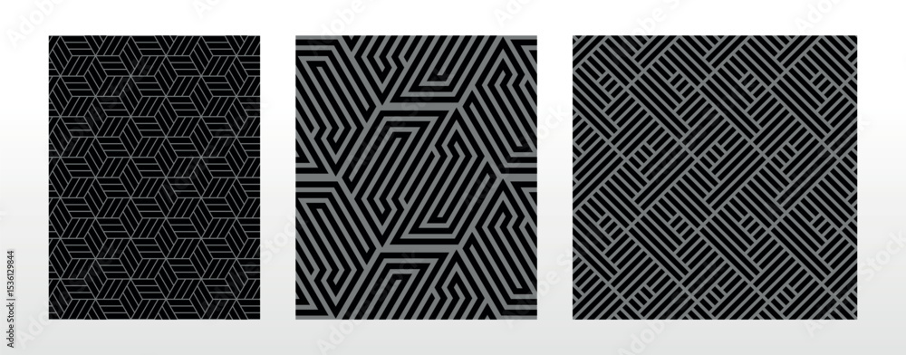 Poster Geometric set of seamless black and gray patterns. Simple vector graphics