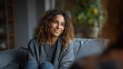 Serene Contemplation: A woman with beautiful curly hair engages in a moment of thoughtful introspection, bathed in soft, natural light.