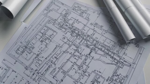 Top-down view of architectural blueprints and rolled plans on a table, conveying a planning concept. Ideal for a video on design or architecture.